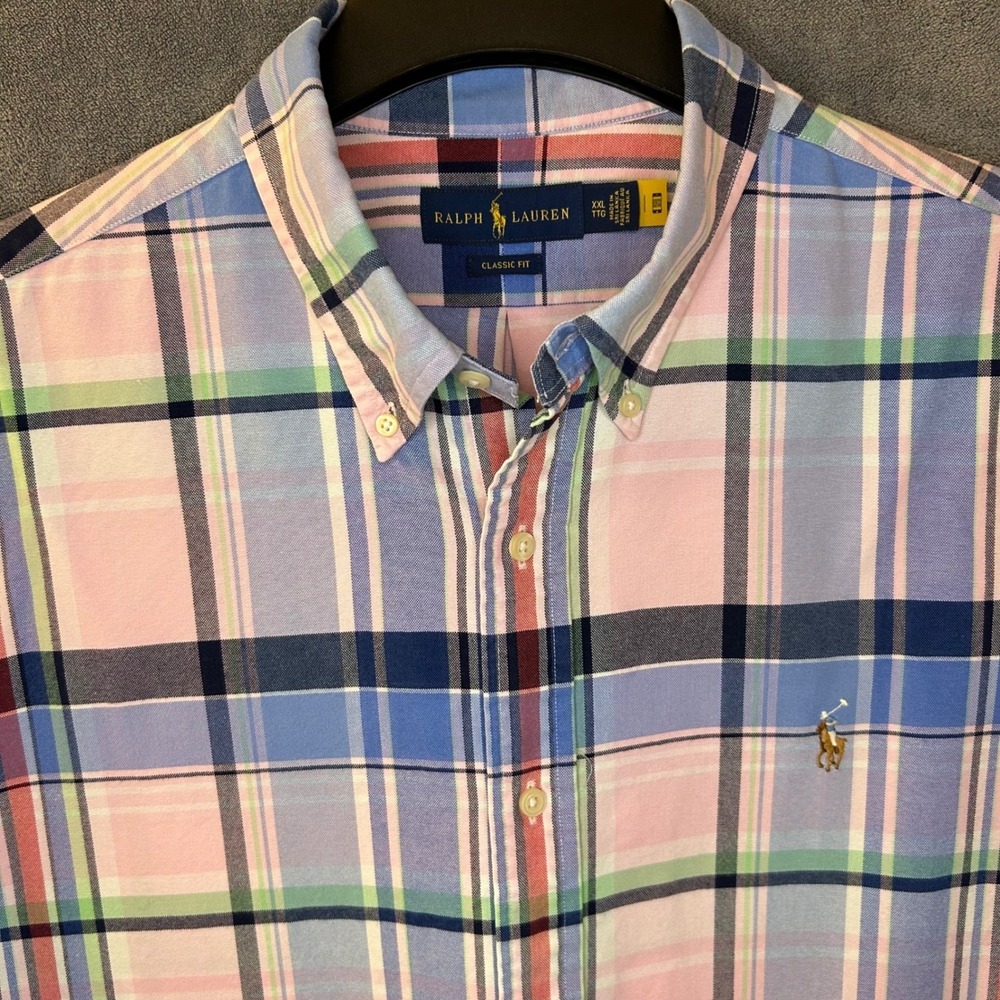 Polo Ralph Lauren Mens XXL Classic Fit Plaid Short Sleeve Button Down Shirt Pink